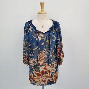 KAKTUS Womens Floral Boho Peasant Top Blouse Plus Size 1X Blue Orange 3/4 Sleeve